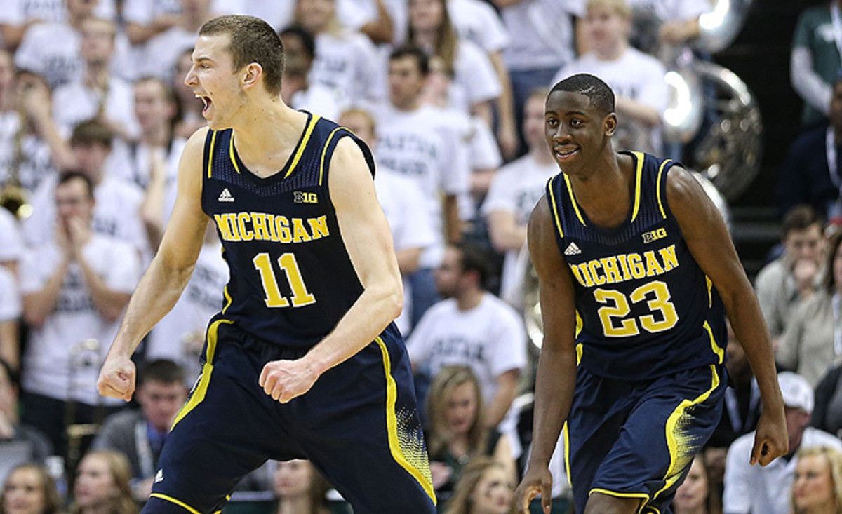 Nik Stauskas and Caris LaVert celebrate their monumental win over Michigan State on Saturday.
