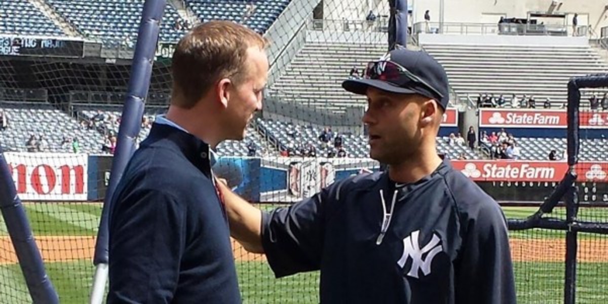 Derek Jeter and Peyotn Manning chatted during batting practice at Yankee Stadium on Sunday. (Twitter/@MLB)