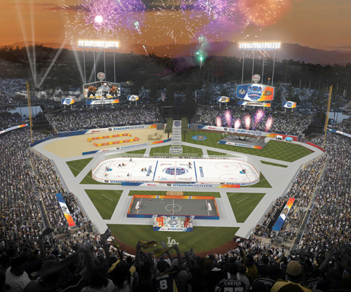 A rendering of the final look for Dodger Stadium's outdoor game on Jan. 25.