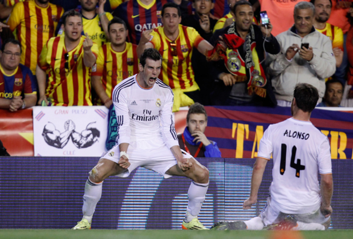 Real Madrid's Gareth Bale celebrates his game-winning goal over Barcelona in the Copa del Rey final.
