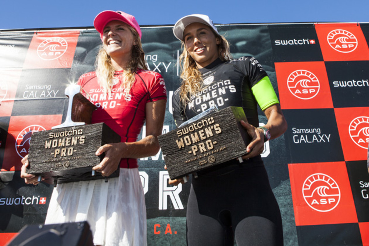 Stephanie Gilmore and Sally Fitzgibbons of Australia during the awards ceremony at the Swatch Women's Pro.