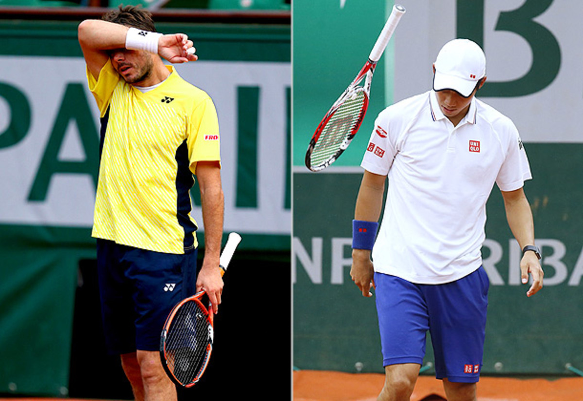 Stan Wawrinka and Kei Nishikori were both visibly frustrated during their first-round matches at the French Open. (Clive Brunskill/Getty Images, PATRICK KOVARIK/AFP/Getty Images)