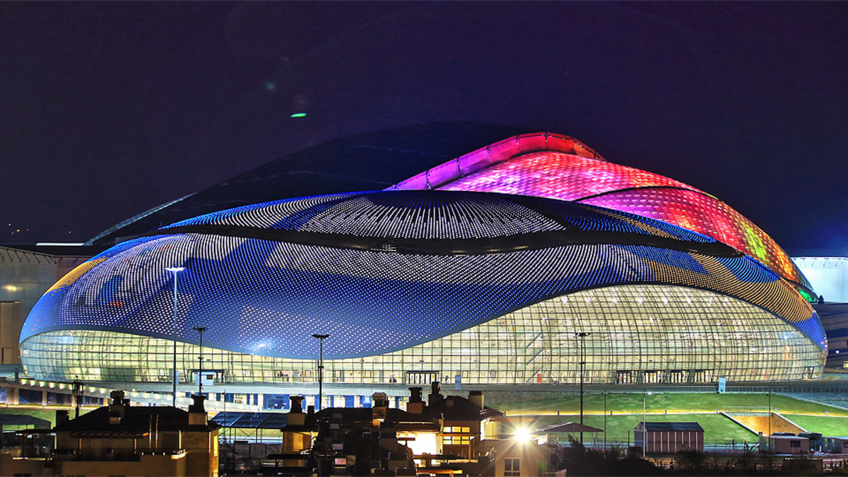Sochi's Bolshoy Ice Dome lights up with the score of the hockey game