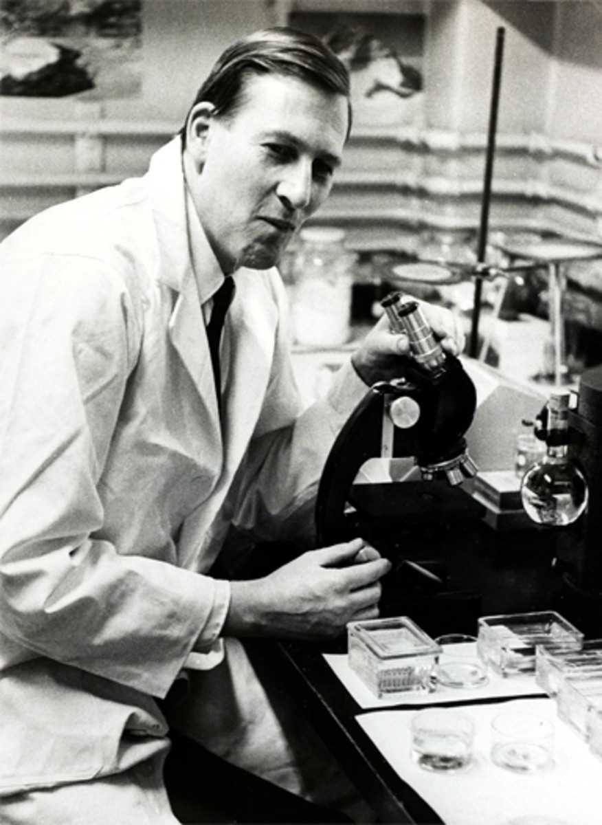 Dr. Roger Bannister working in the lab at Harvard University in 1962.