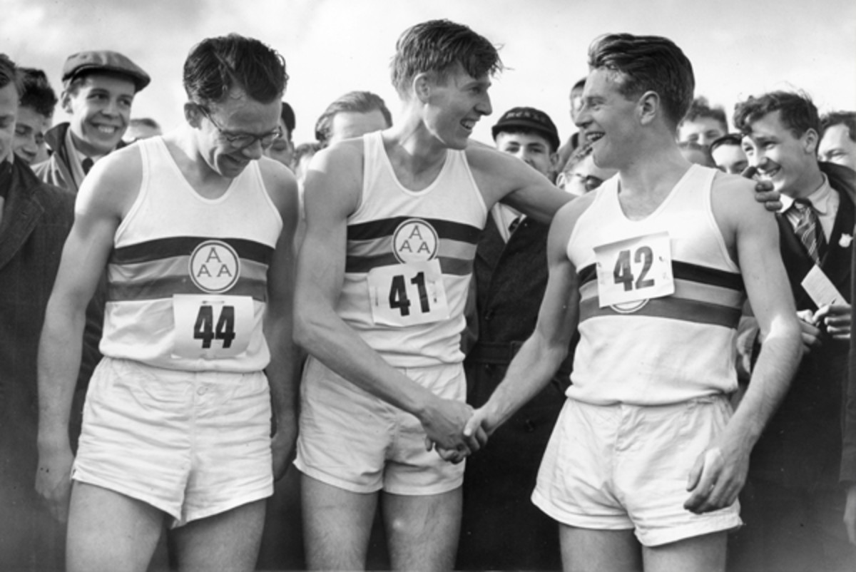 Chris Brasher, Roger Bannister and Chris Chataway celebrating after breaking the four-minute mile in 1954. 