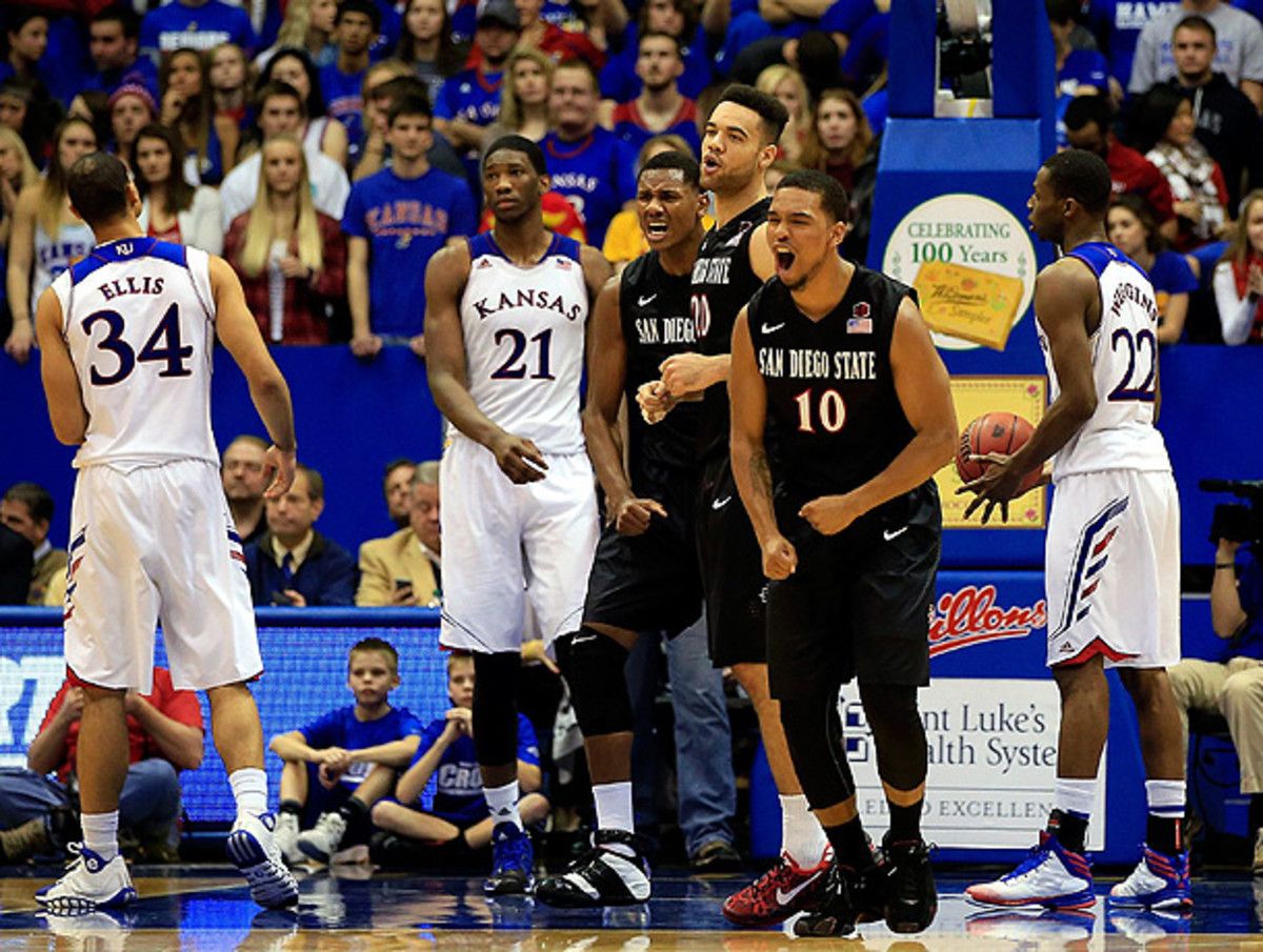 Aqeel Quinn (10) and San Diego State marched out of Allen Fieldhouse with a win over Kansas. (Jamie Squire/Getty Images)