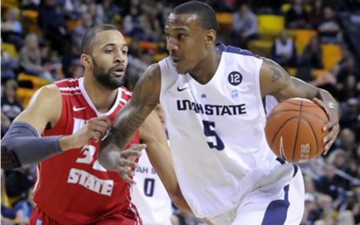 Utah State's Jarred Shaw has recorded two double-doubles in eight games this season. (AP Photo/The Herald Journal, Eli Lucero