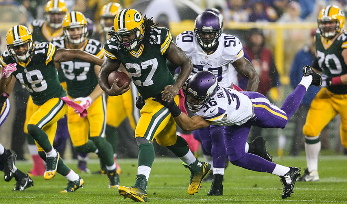 Eddie Lacy ran through the Vikings defense for 105 yards on 13 carries in the Packers' 42-10 win Thursday night. (John Konstantaras/Getty Images)