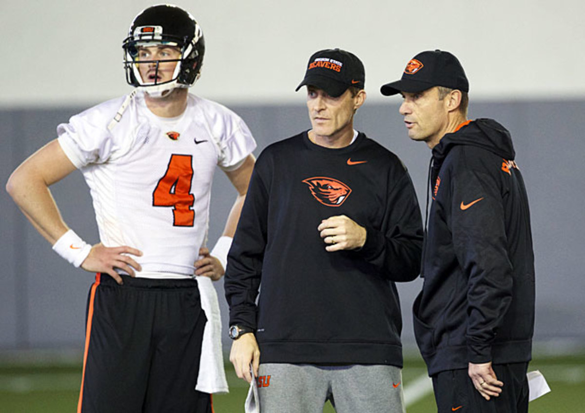 Sean Mannion (left), John Garrett (center) and Mike Riley look to bolster the Beavers' attack this spring.
