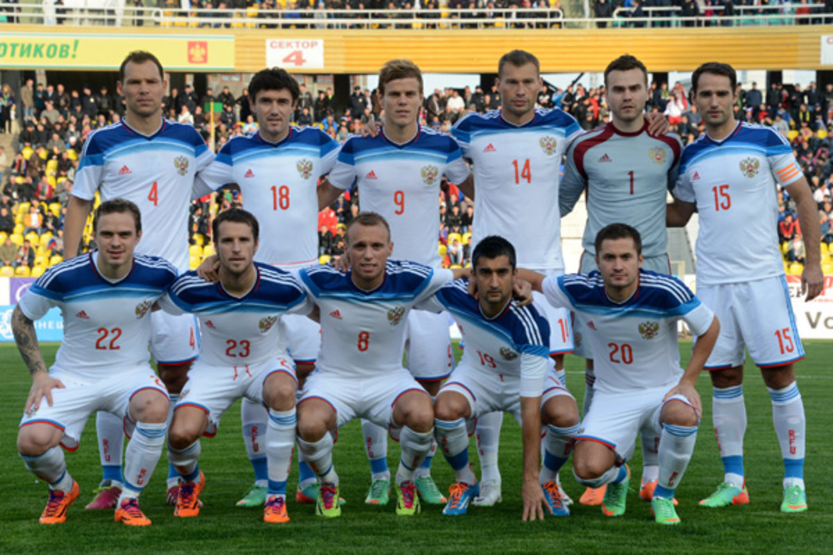 Russian players pose before the team's friendly against Armenia. (Kirill Kudryavtsev/AFP/Getty Images)
