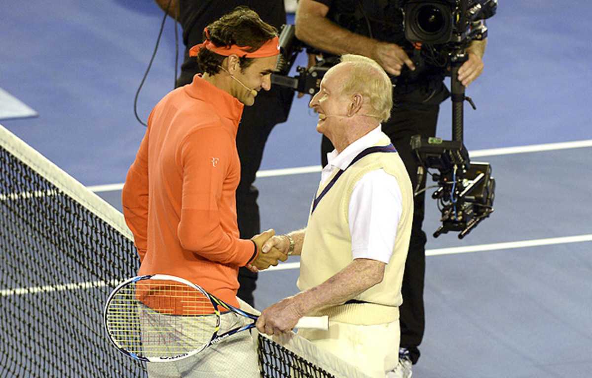 Roger Federer and Rod Laver (right) received a standing ovation by the 14,000 fans in Rod Laver Arena.