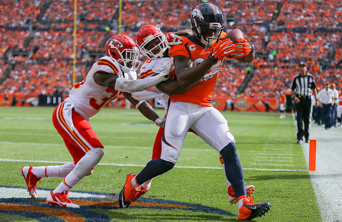 DeMaryius Thomas had five catches, including this touchdown grab, in the Broncos' 24-17 win over the Chiefs in Denver on Sunday. (Justin Edmonds/Getty Images)