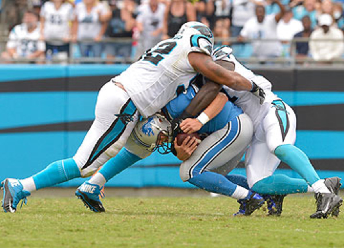 The Panthers defense made things uncomfortable for Matthew Stafford on Sunday. (Grant Halverson/Getty Images)