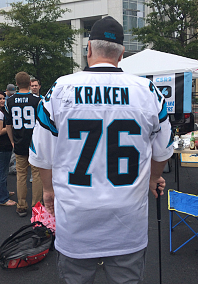 From Sunday, a Greg Hardy jersey featuring his "Kraken" nickname. (Emily Kaplan/The MMQB)