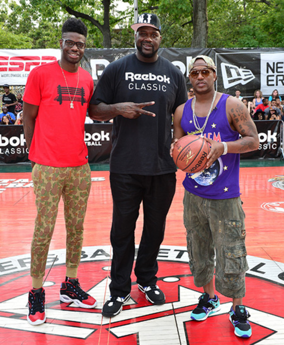 From the left, Philadelphia 76ers center Nerlens Noel, Shaquille O'Neal and Cam'ron. 