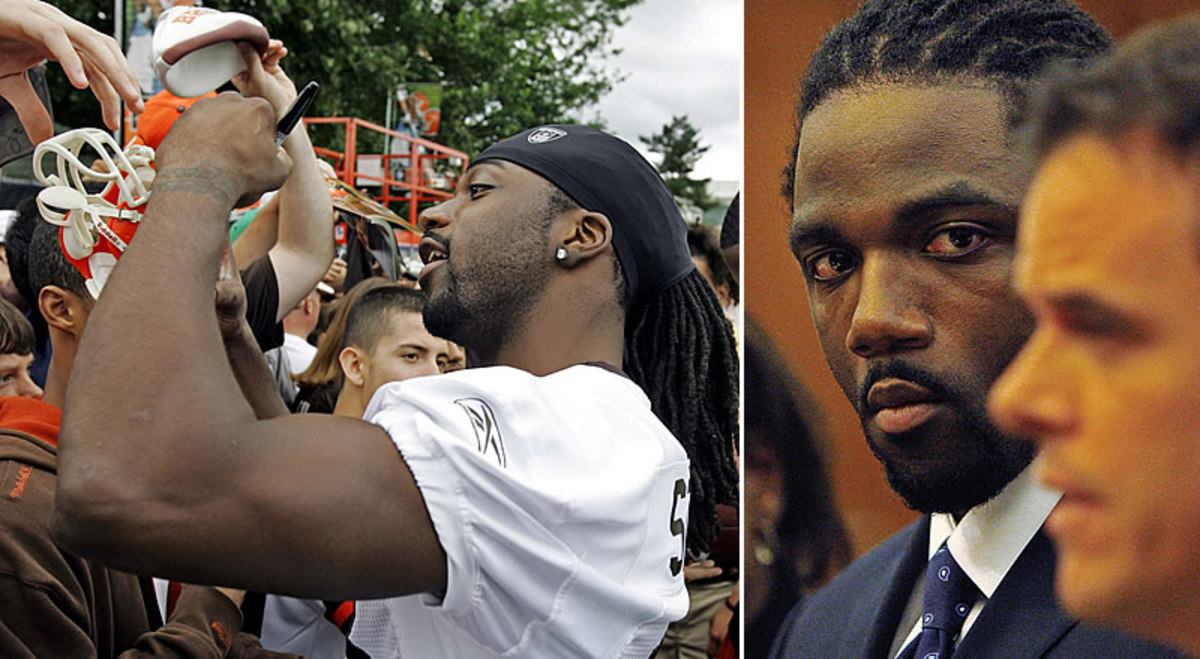 Stallworth was all smiles during training camp in 2008, having just signed a lucrative deal with the Browns. 11 months later, he was being sentenced in a Miami court room. (Mark Duncan/AP; Walter Juste/AP/The Miami Herald)