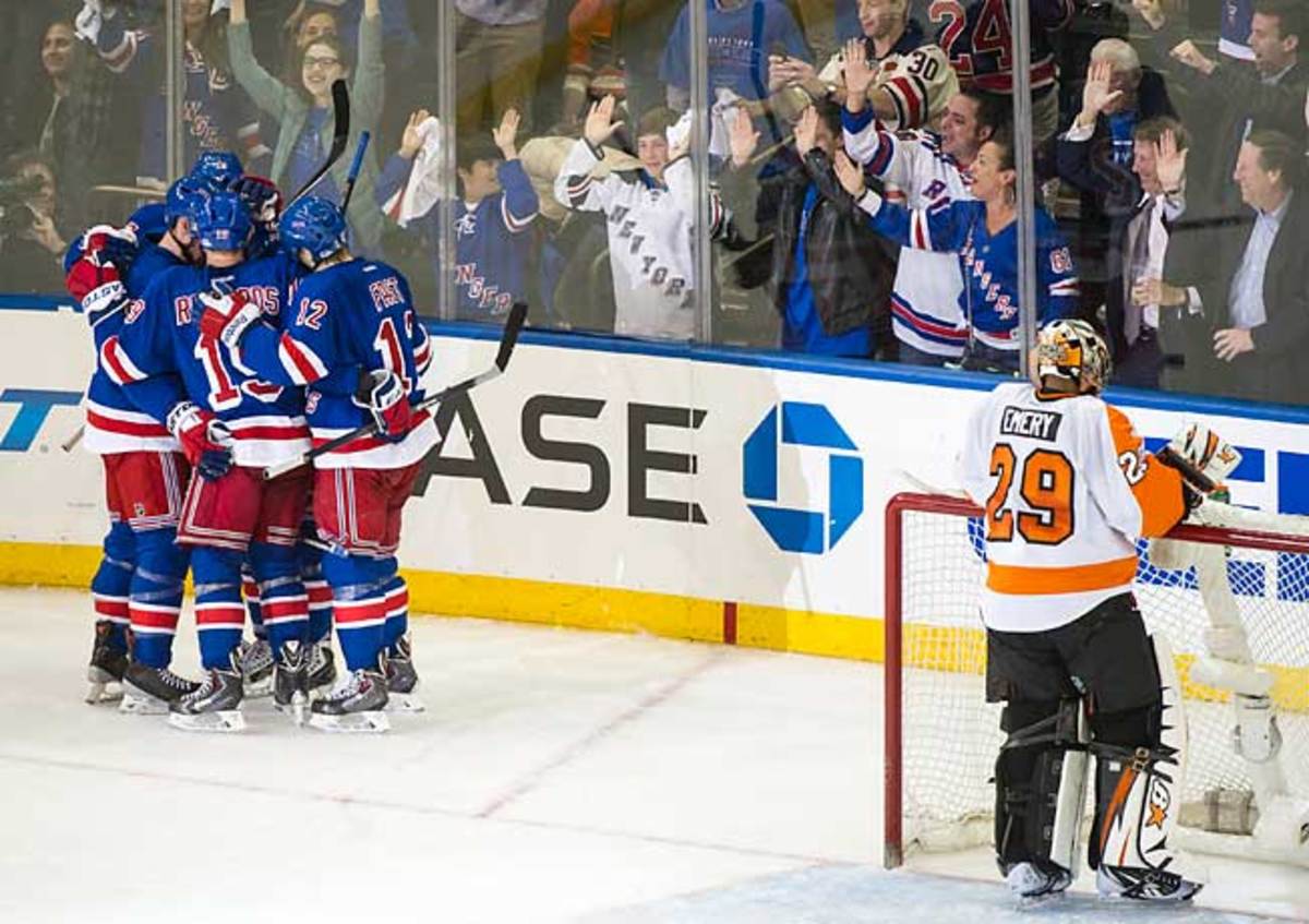 A four-minute power play in the third period helped the Rangers score twice in 47 seconds. (Cal Sport Media via AP Images)