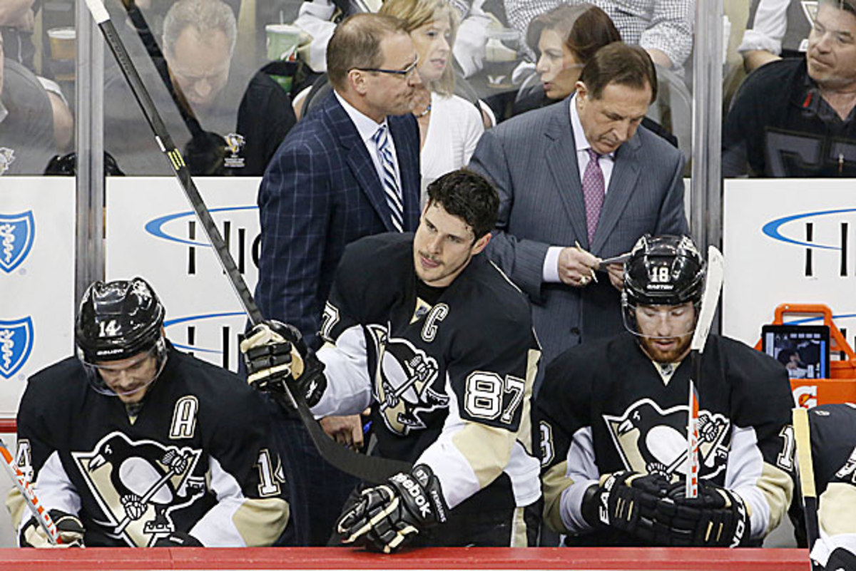 Sidney Crosby on the Pittsburgh Penguins' bench after being eliminated by the New York Rangers.