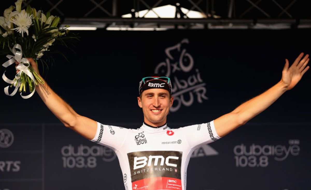 American Taylor Phinney finished third in the second stage of the Dubai Tour to stay first overall.