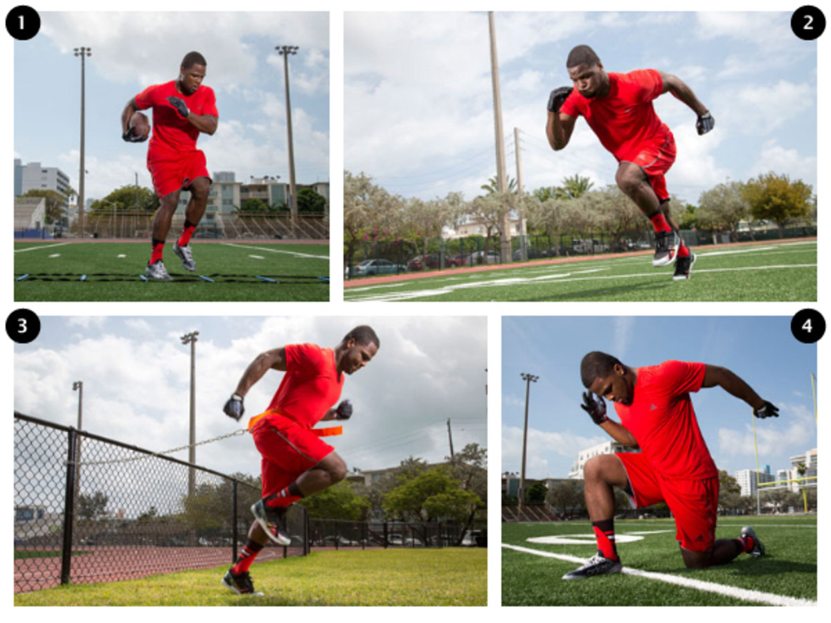 Carlos Hyde performing the (1) Speed Ladder, (2) Short Starts, (3) Belt Sprints and (4) Arm Pumps.