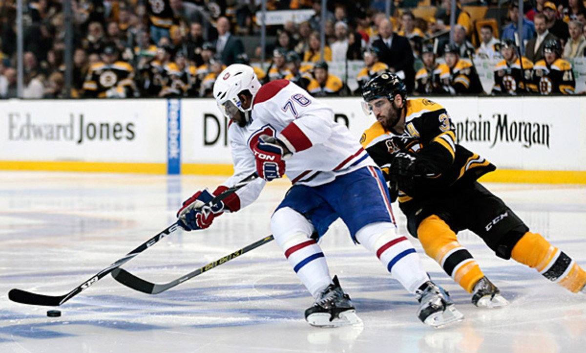 P.K. Subban of the Montreal Canadiens vs. Patrice Bergeron of the Boston Bruins