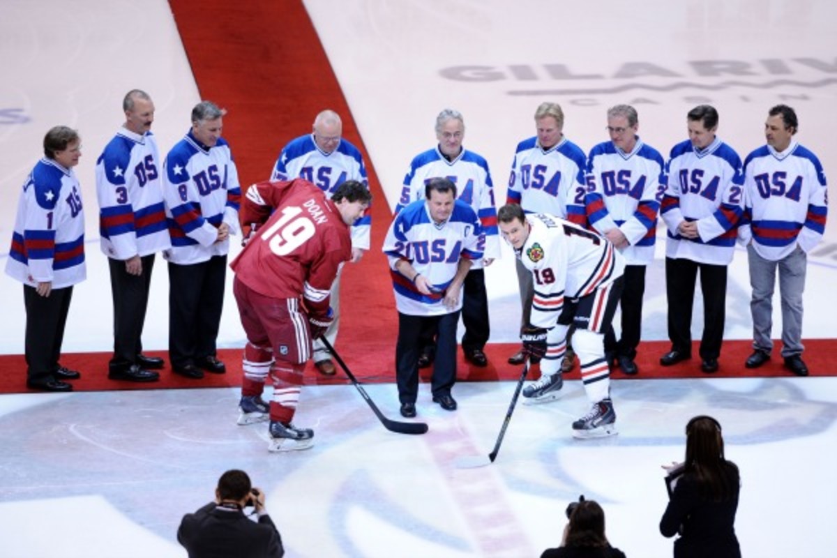 The 1980 U.S. Olympic hockey team was honored before a game in Phoenix in February. (Jennifer Stewart/Getty Images)