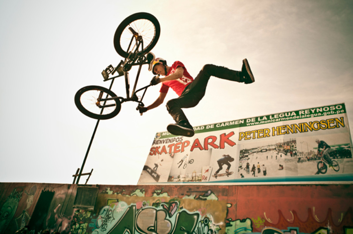 Daniel Dhers performs during an exhibition at the Carmen de la Legua Skate Park in Lima, Peru. 