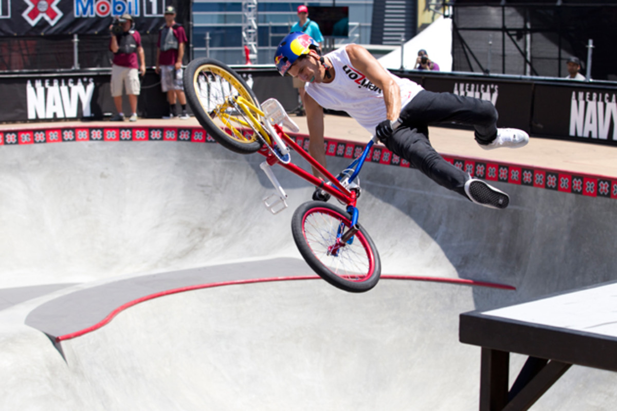 Dhers in action at Summer X Games 17 in Los Angeles in 2011, where he would take the gold medal in the BMX Freestyle Park event. 