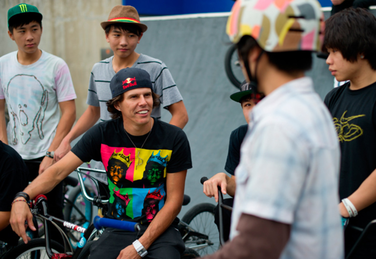 The X Games gold medalist gives advice to young riders during the Red Bull Under My Wing event at Mei Foo Stakepark in Hong Kong in November 2011.