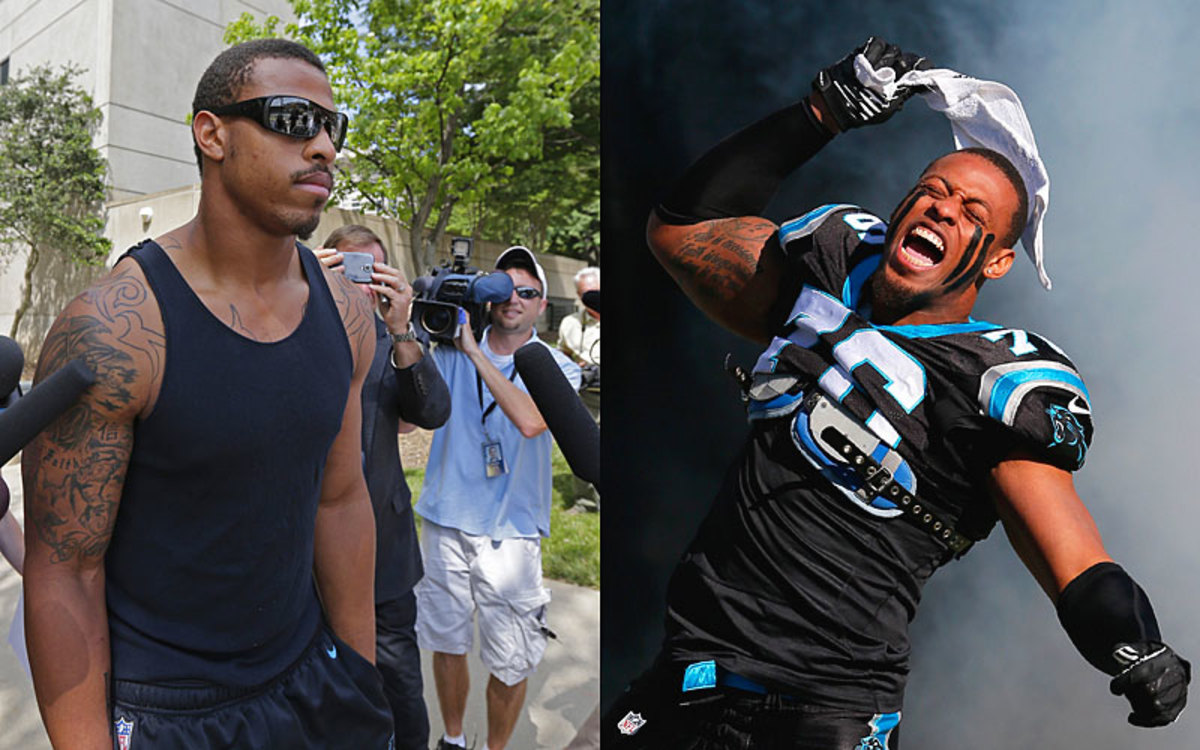 Panthers defensive end Greg Hardy leaving the Mecklenburg County jail in Charlotte, N.C., on May 14 (l), and the "Kraken" before a playoff game against the 49ers in January. (AP :: Kevin C. Cox/Getty Images)