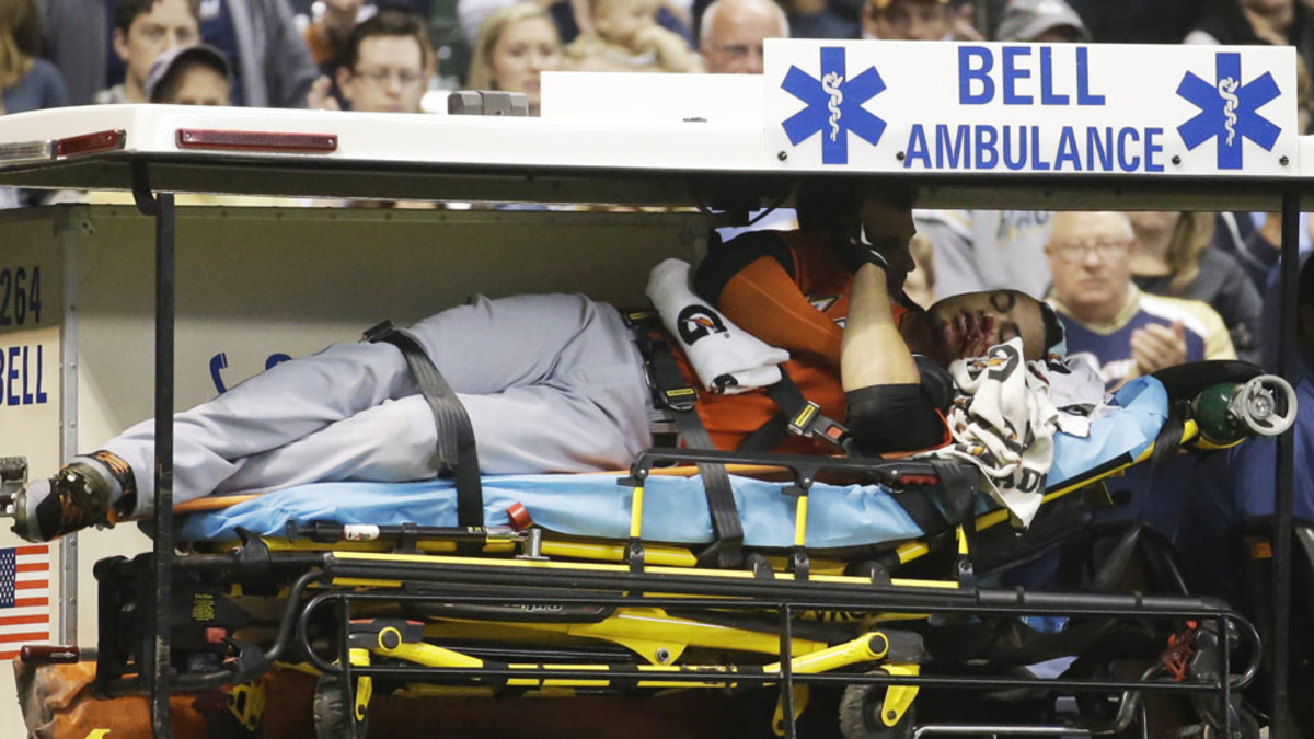 Giancarlo Stanton, then playing with the Marlins, was taken off the field on a stretcher in an ambulance after he was hit with a pitch in the face during a 2014 game in Milwaukee against the Brewers.