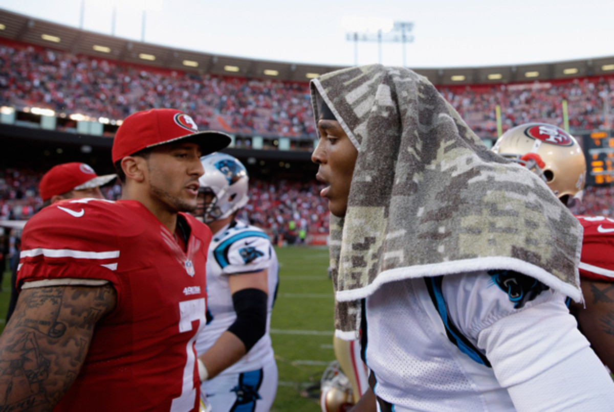Colin Kaepernick and Cam Newton might struggle against great defenses this weekend. (Ezra Shaw/Getty Images)