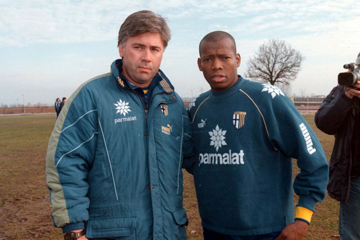 A young Faustino Asprilla stands with then-Parma manager Carlo Ancelotti, who now manages Real Madrid.