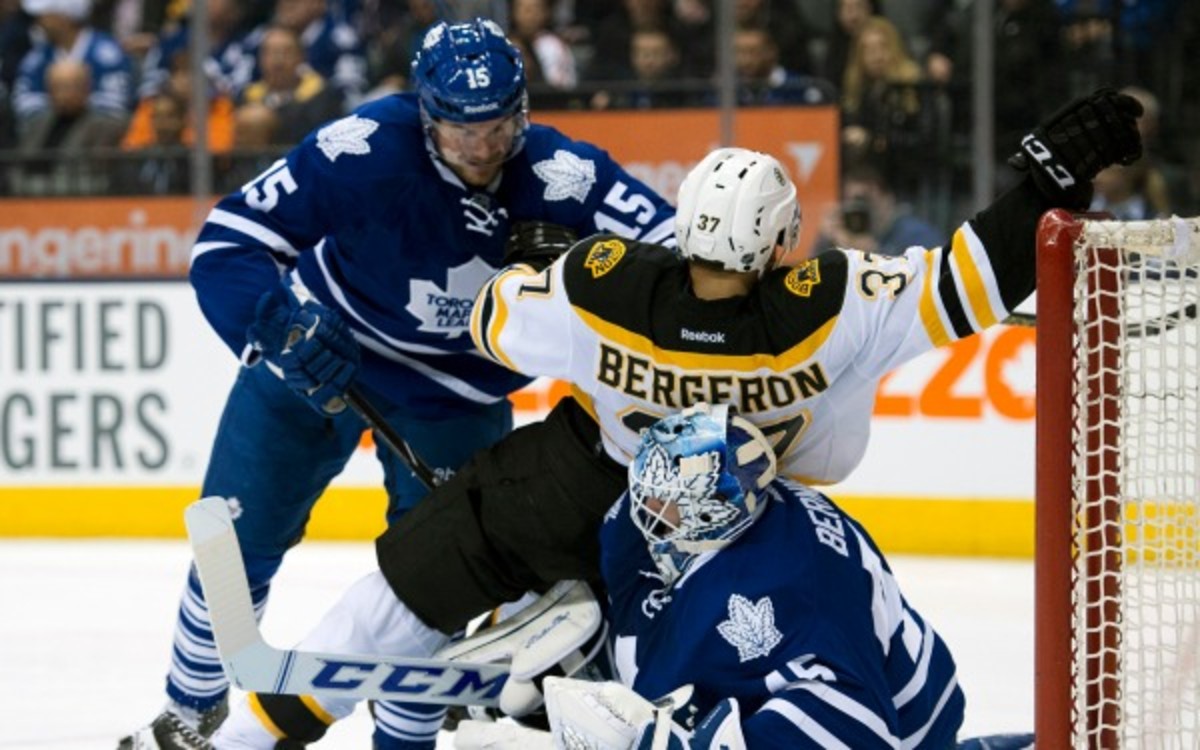 Leafs goalie Jonathan Bernier was injured on this play last night. (AP Photo/The Canadian Press, Frank Gunn)