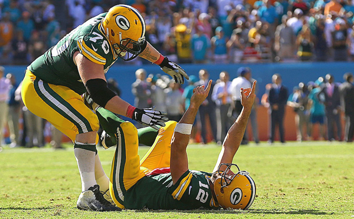 Aaron Rodgers after throwing the game-winner in Miami. (Mike Ehrmann/Getty Images)