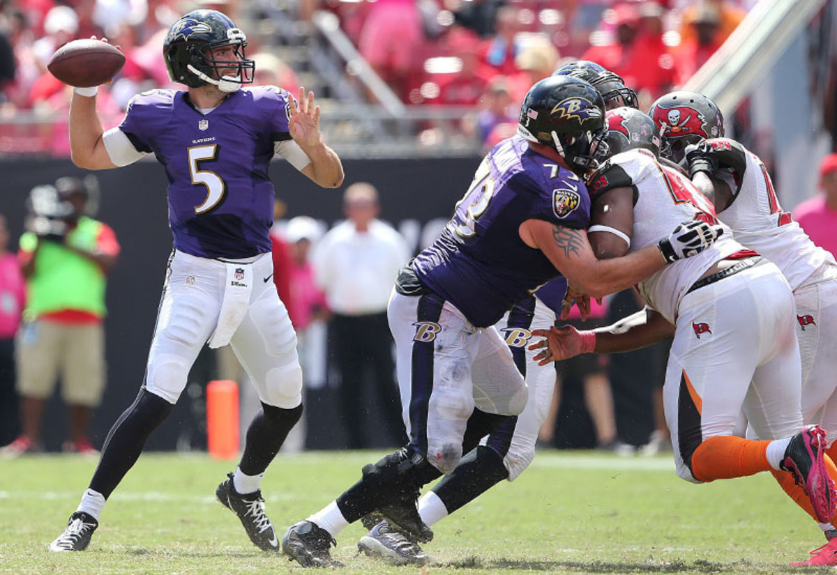 Four different receivers caught Joe Flacco's five touchdown passes in the Ravens’ rout of the Bucs on Sunday. (Gary Bogdon/Sports Illustrated/The MMQB)