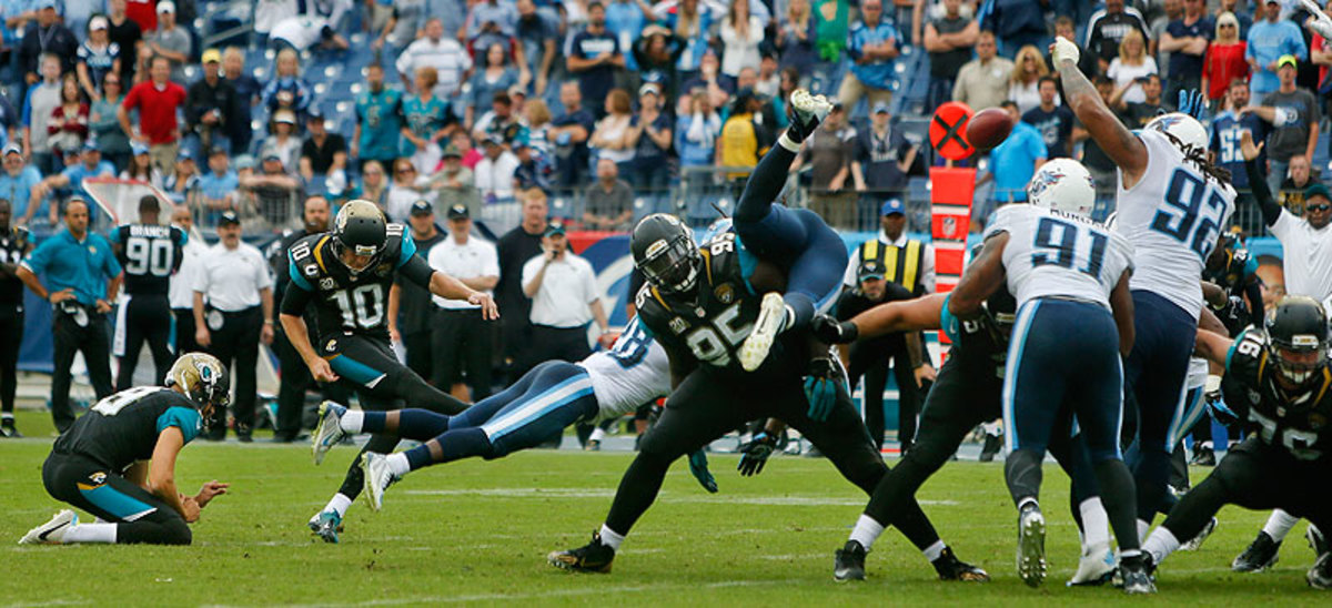 The Titans blocked a 55-yard attempt by Josh Scobee as time expired to earn at 16-14 victory and keep the Jags winless in 2014. (Wade Payne/AP)