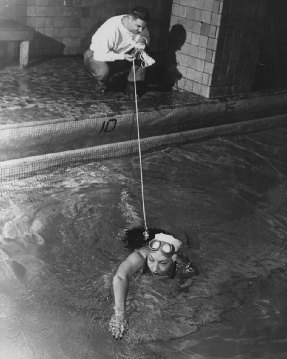 Channel swimmer Florence Chadwick training at the Henry Hudson Hotel, England.