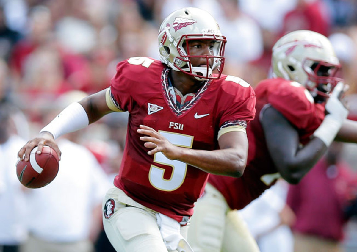 Jameis Winston went 27-of-56 for 396 yards with two touchdowns in Florida State's 2014 spring game.