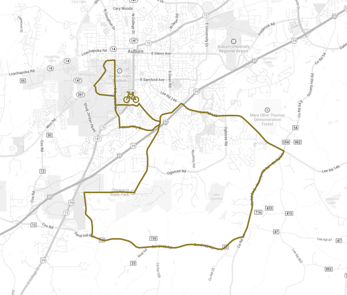 Riders can choose from a 62-mile or 22-mile route, both of which will end at Jordan-Hare Stadium in time for the 2 p.m. kickoff of the Auburn Tigers' spring football game.