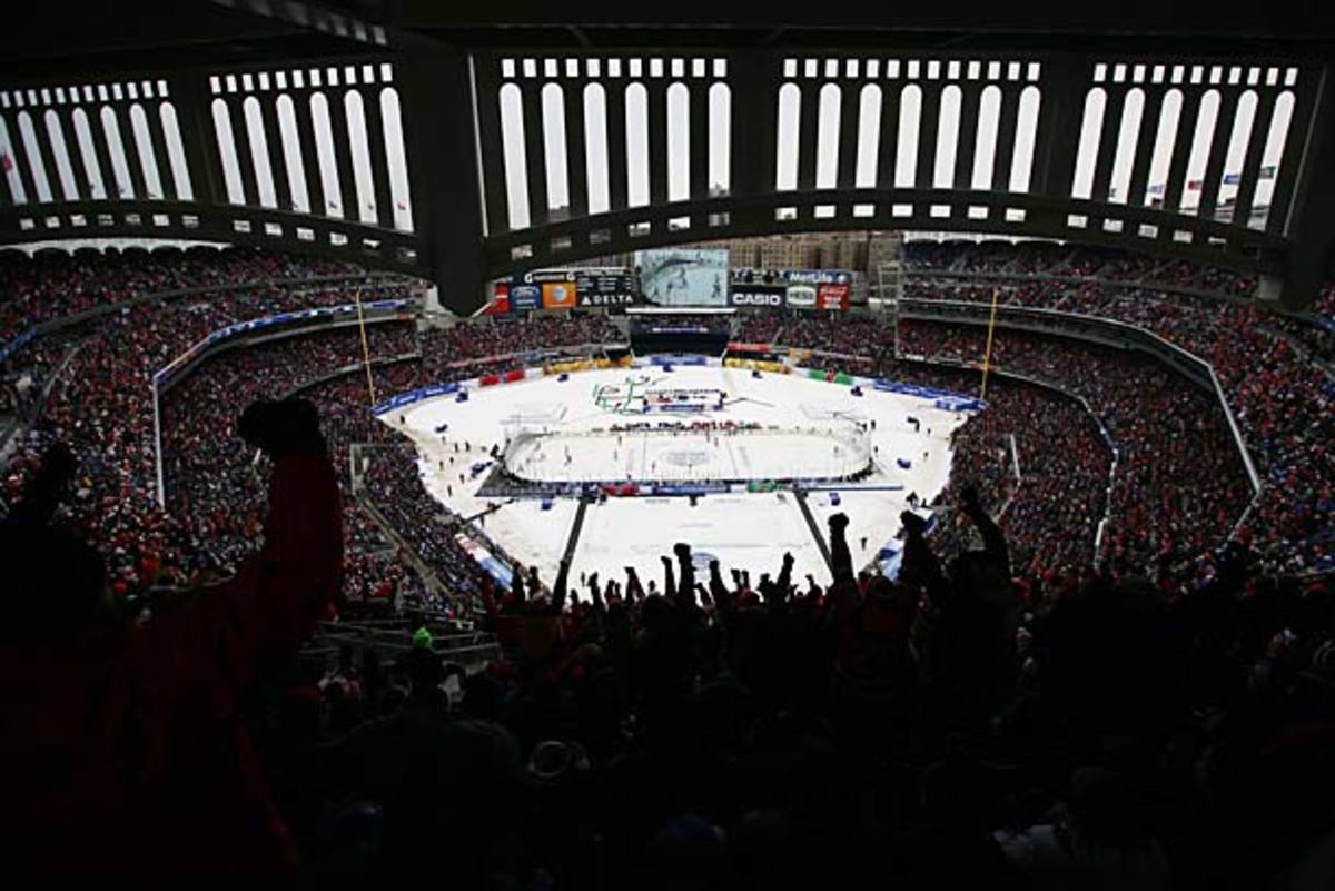 Yankee Stadium hosts an NHL outdoor game between the Rangers and Devils.