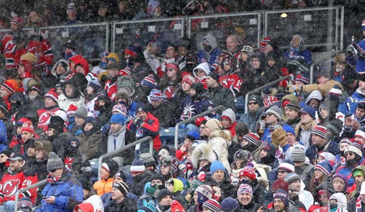 Fans at the NHL Rangers-Devils outdoor game at Yankee Stadium