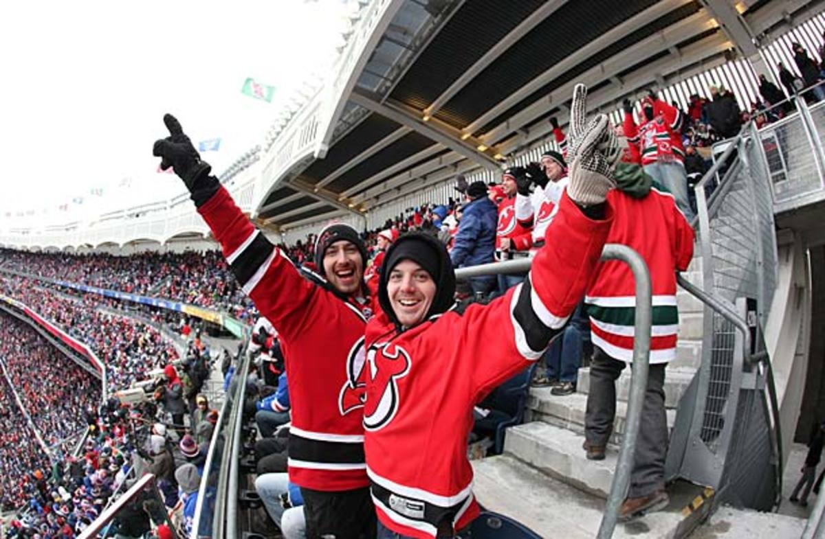 New Jersey Devils fans at Yankee Stadium outdoor game.