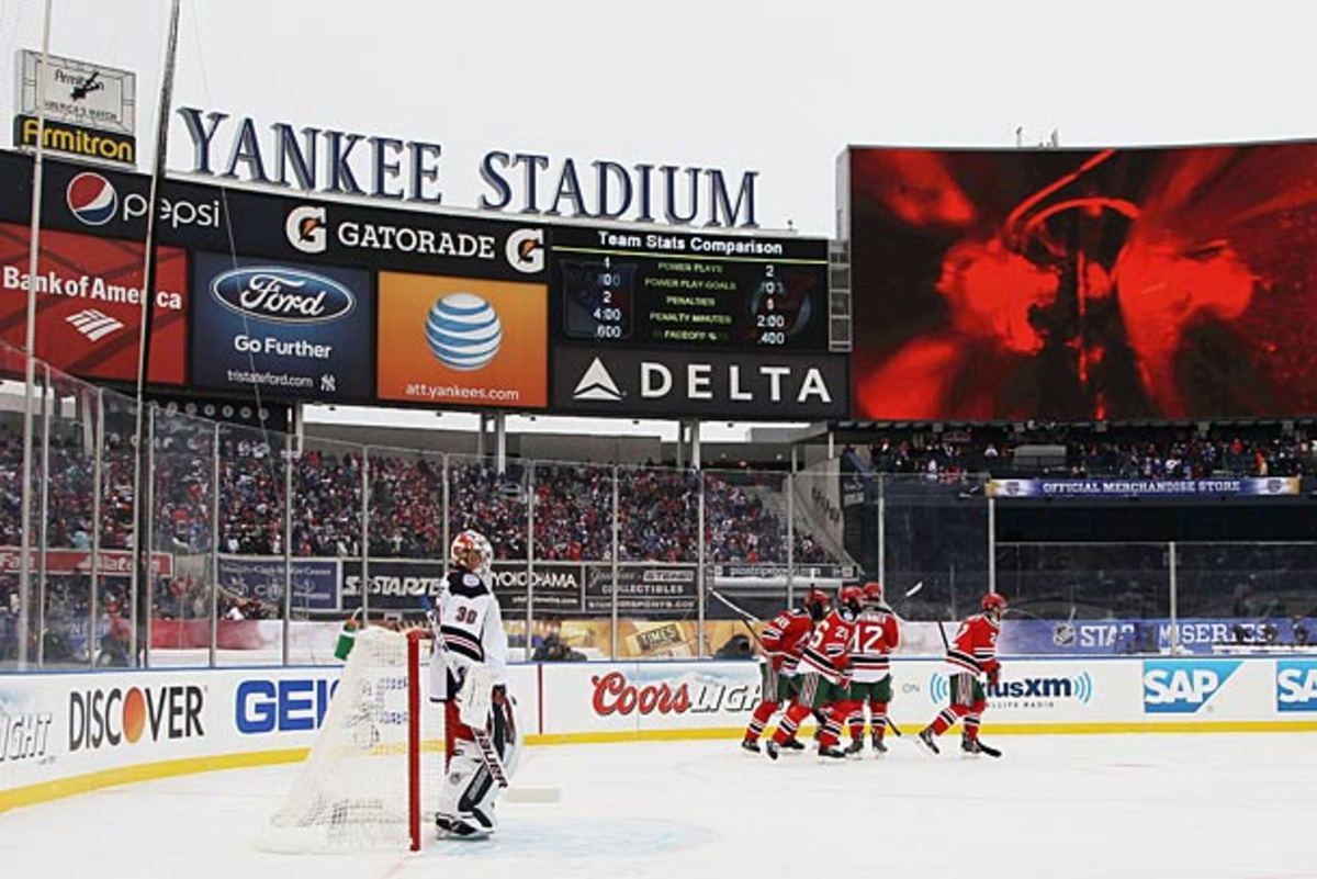 Rangers goalie Henrik Lundqvist in NHL outdoor game at Yankee Stadium.