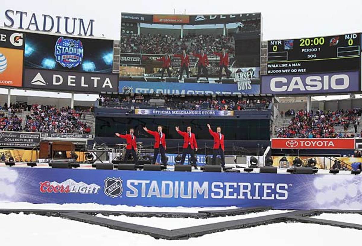 The cast of Jersey Boys performs at the NHL outdoor game at Yankee Stadium