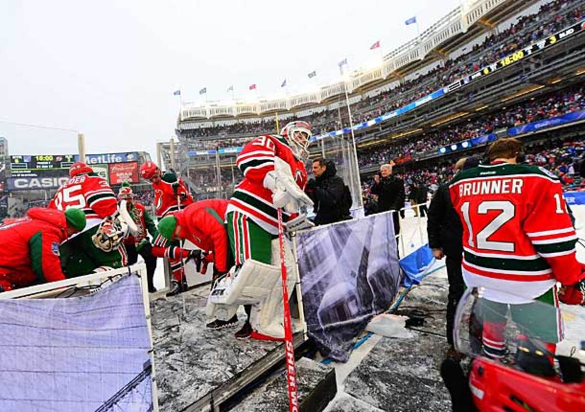 Martin Brodeurof the New Jersey Devils at NHL outdoor game at Yankee Stadium.