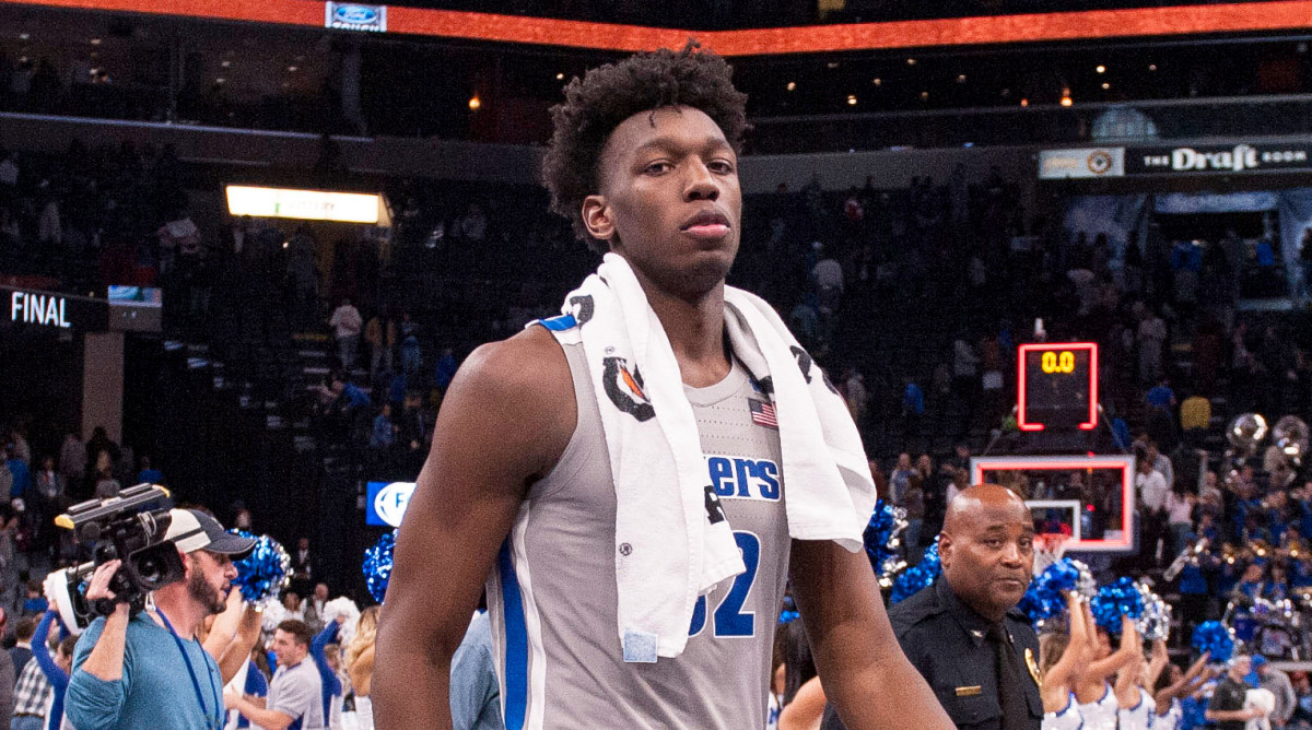 Nov 8, 2019; Memphis, TN, USA; Memphis Tigers center James Wiseman (32) walks off the court after the game against the Illinois-Chicago Flames at FedExForum. Mandatory Credit: Justin Ford-USA TODAY Sports