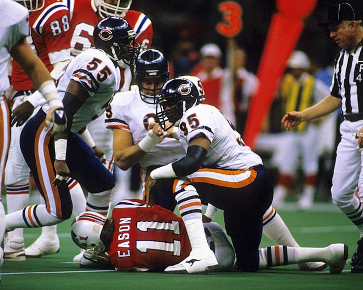 Richard Dent (95) earned Super Bowl XX MVP honors with 1.5 sacks and two forced fumbles vs. New England.