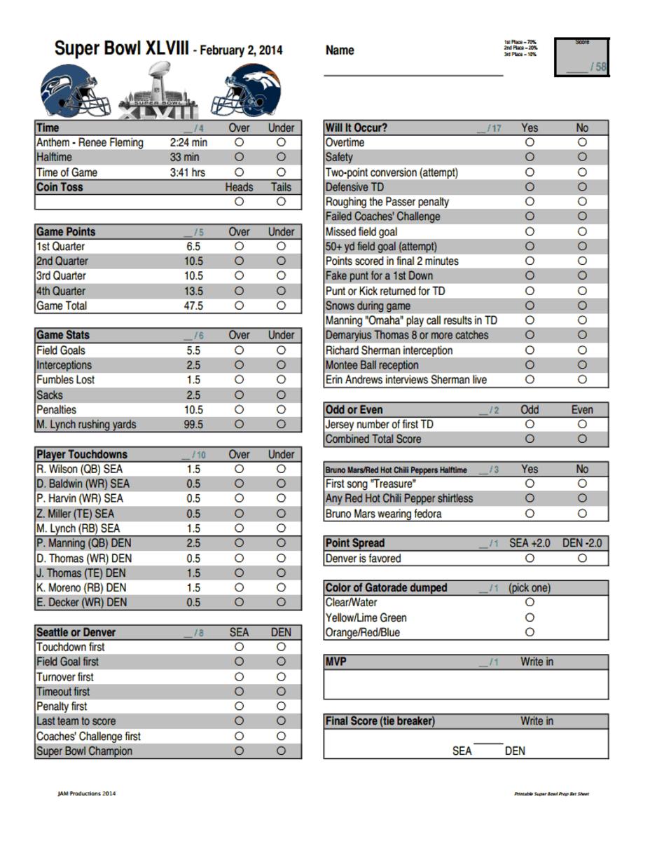 Super Bowl Betting Games Printable