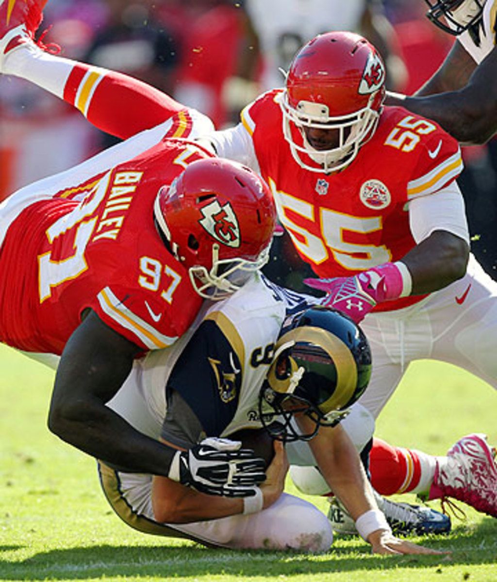 The Chiefs, who improved to 4-3, sacked Austin Davis nine times on Sunday. (Ed Zurga/AP)